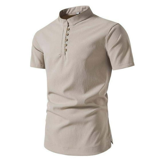 JWZUY Men's Plain Short Sleeve Henley T-Shirt Summer Casual Pullover Top Vintage Button-Up Stand Collar Blouse Linen Shirts Beige XL