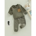 thumbnail image 3 of Baby Boy Spring Fall Clothes Long Sleeve Striped Front Pocket Shirt Top Sweatpants 2Pcs Casual Outfit (12-18 Months,Solid Green), 3 of 6