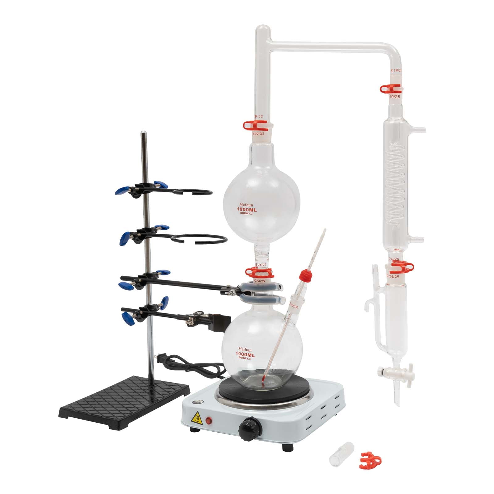 Durable Lab Vacuum Filtration Distillation Apparatus with 1000W Electric Stove, Adjustable Frame, High-Boron Silicon Glass, Efficient Cooling, Complete Kit for Distillation and Purification