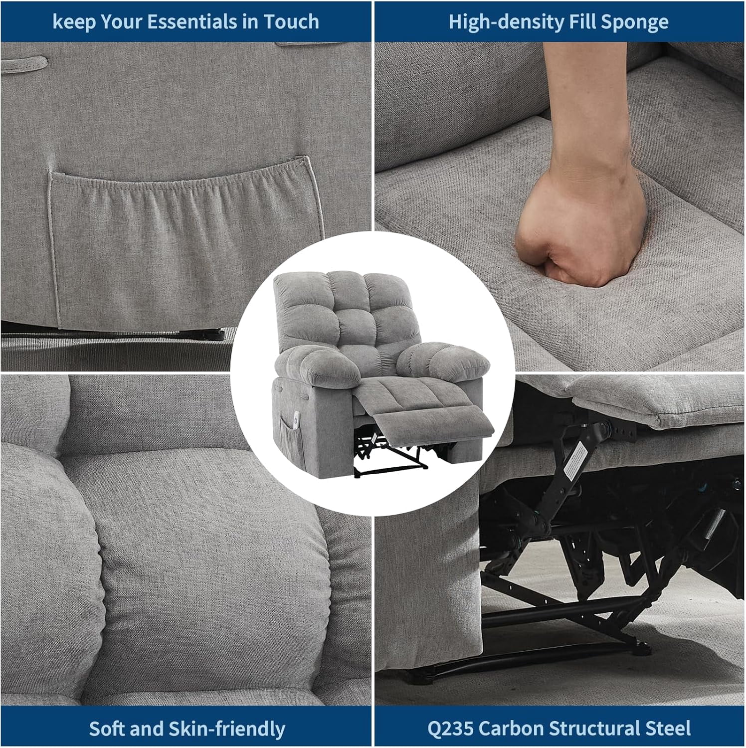 Recliner Chair, Wide Rocker Chair, Rocking Chair with Massage and Heat, Heat Ergonomic Overstuffed Breathable Fabric Reclining Chair with 2 Side Pockets, Remote Control, Living Room, Bedroom