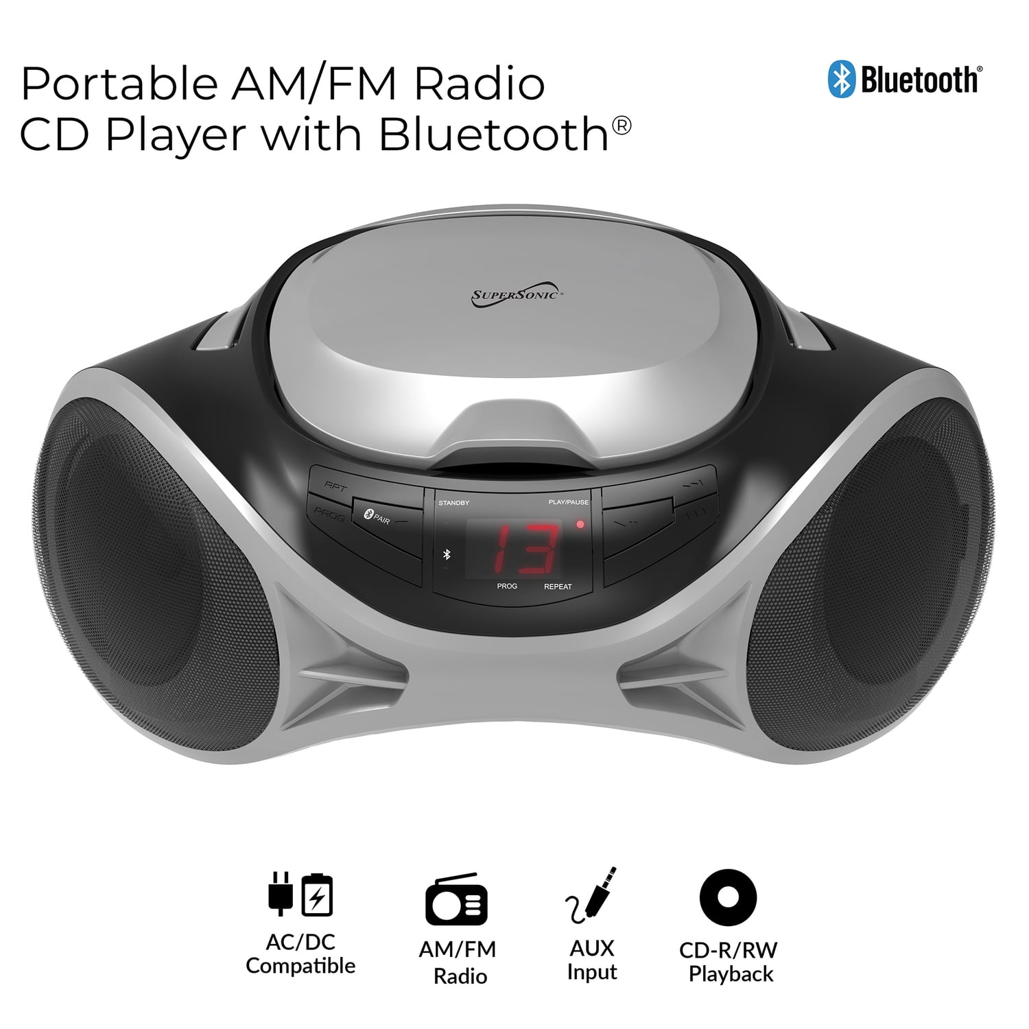 Supersonic SC-726BT Portable CD Player, Bluetooth, AM/FM Radio, LED Display, AC/DC Power, Silver