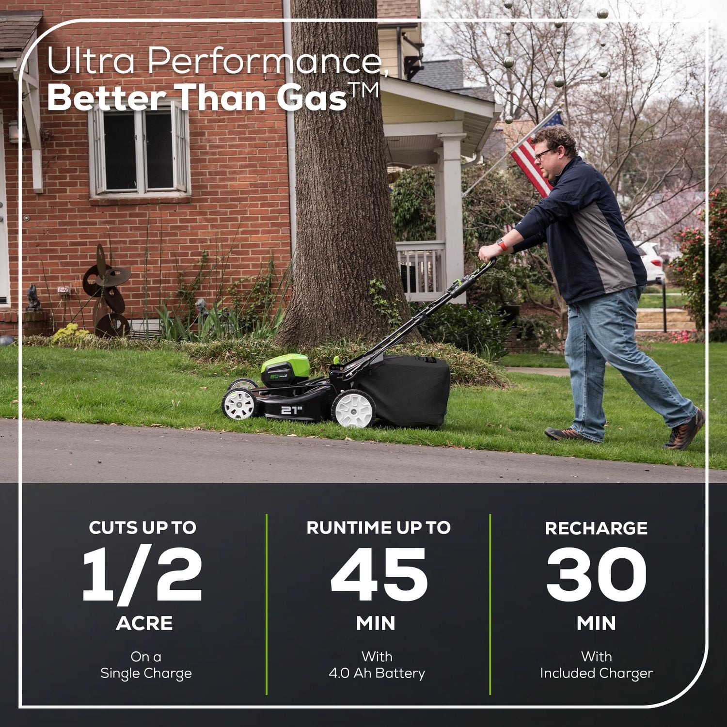 Greenworks 80V 21" Cordless Lawn Mower, 2x 2.0 Ah Batteries and Charger Included