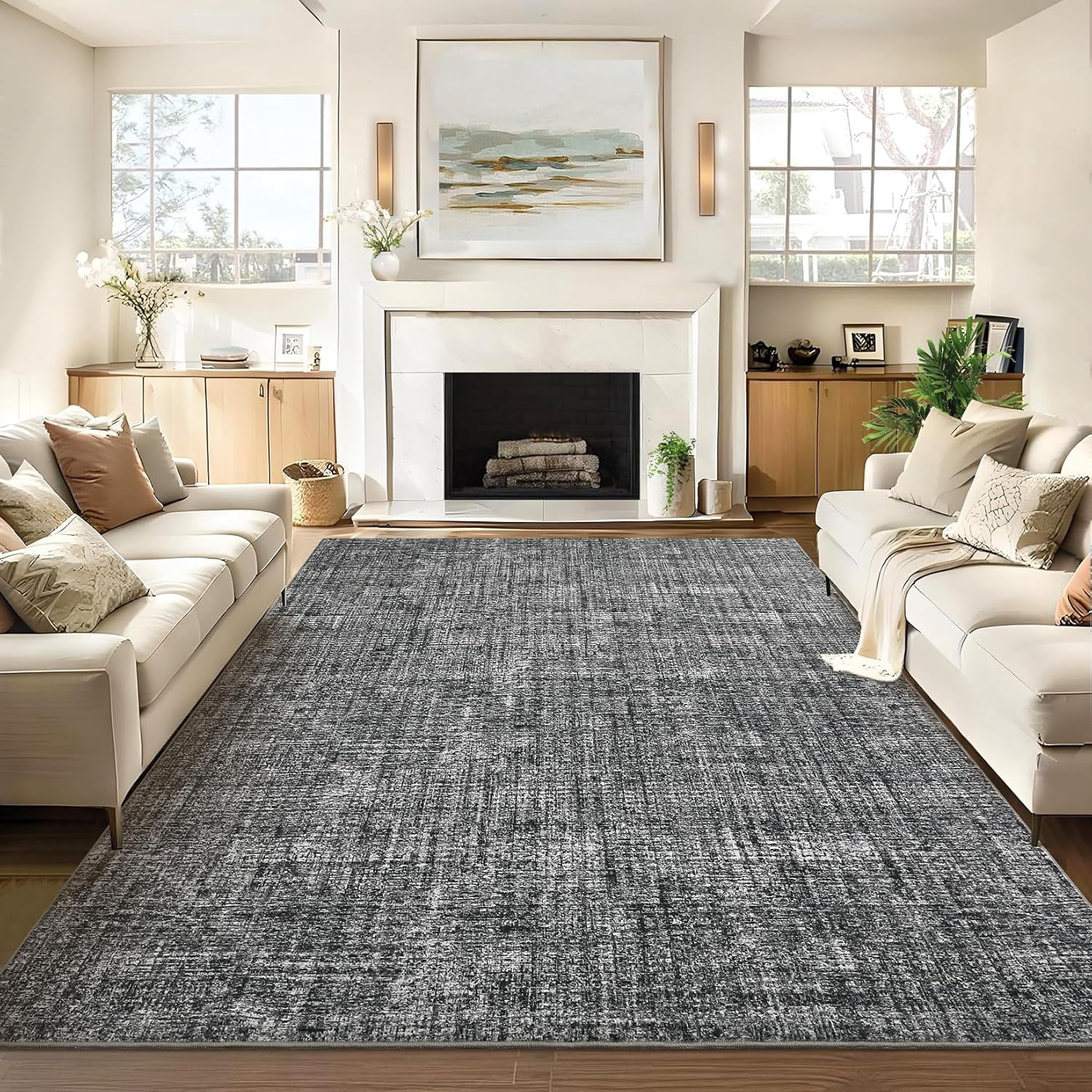 Memoryfield 10' x 13' Washable Area Rug, Stain-Resistant Low Pile Non Slip Carpet, Floor Mat for Living Room Bedroom Home Office, Dark Gray