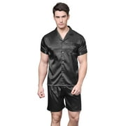 Tony & Candice Men's Classic Short Sleeve Satin Pajama Set Adult Sleepwear(XL,Black)
