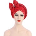 thumbnail image 2 of Women Shinny Beading Turban Hat Head Wrap Cap with Big Bow Pre-Tied Beanie Muslim Ruffle Cap, 2 of 2