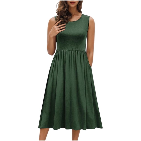 ZToonmas Summer Dresses for Women Crew Neck Sleeveless Midi Dress Empire Waist Pleated A-Line Casual Sundress with Side Pockets