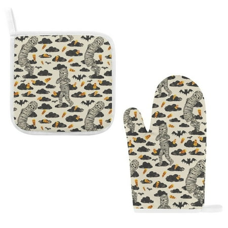 

ZZZHY Whimsical Mummy Clouds-1173 Oven Mitts and Pot Holders Sets Heat Resistant Oven Gloves Cute Kitchen Mitts for Oven 2-Piece Baking Gloves Set for Cooking Grilling Baking
