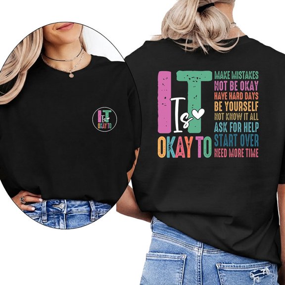 Womens It's Ok To Feel Print T Shirts Mental Health Graphic Tees Short Sleeve Casual Pattern Tops Cotton Shirts for Daily Outfits Black,L