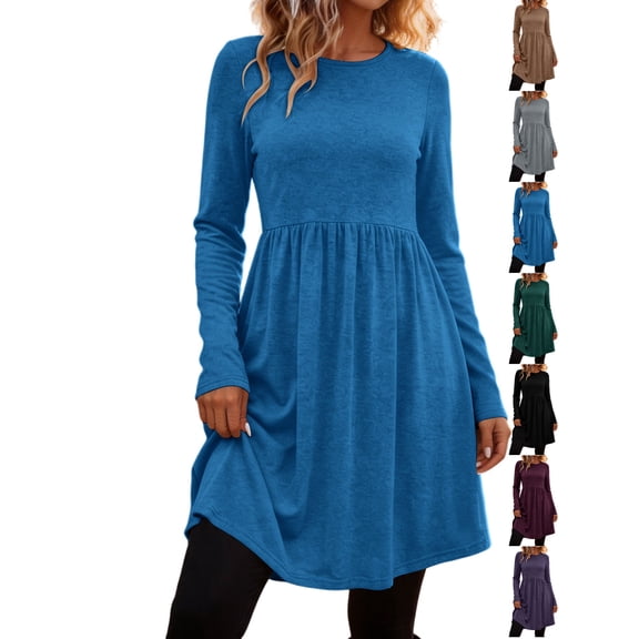 Dqueduo Women's Solid Casual Dresses, Crew Neck Long Sleeve Dress with Pockets, Loose A-Line Empire Waist Winter Dress