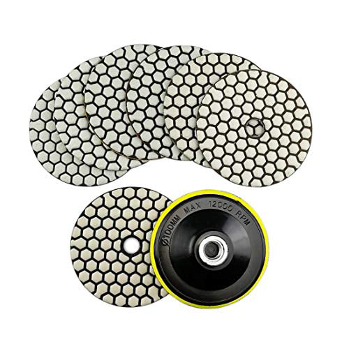 SHDIATOOL Dry Diamond Polishing Pads 4 Inch Set of 7 Pieces Plus a Rubber Backer for Granite Marble Stone