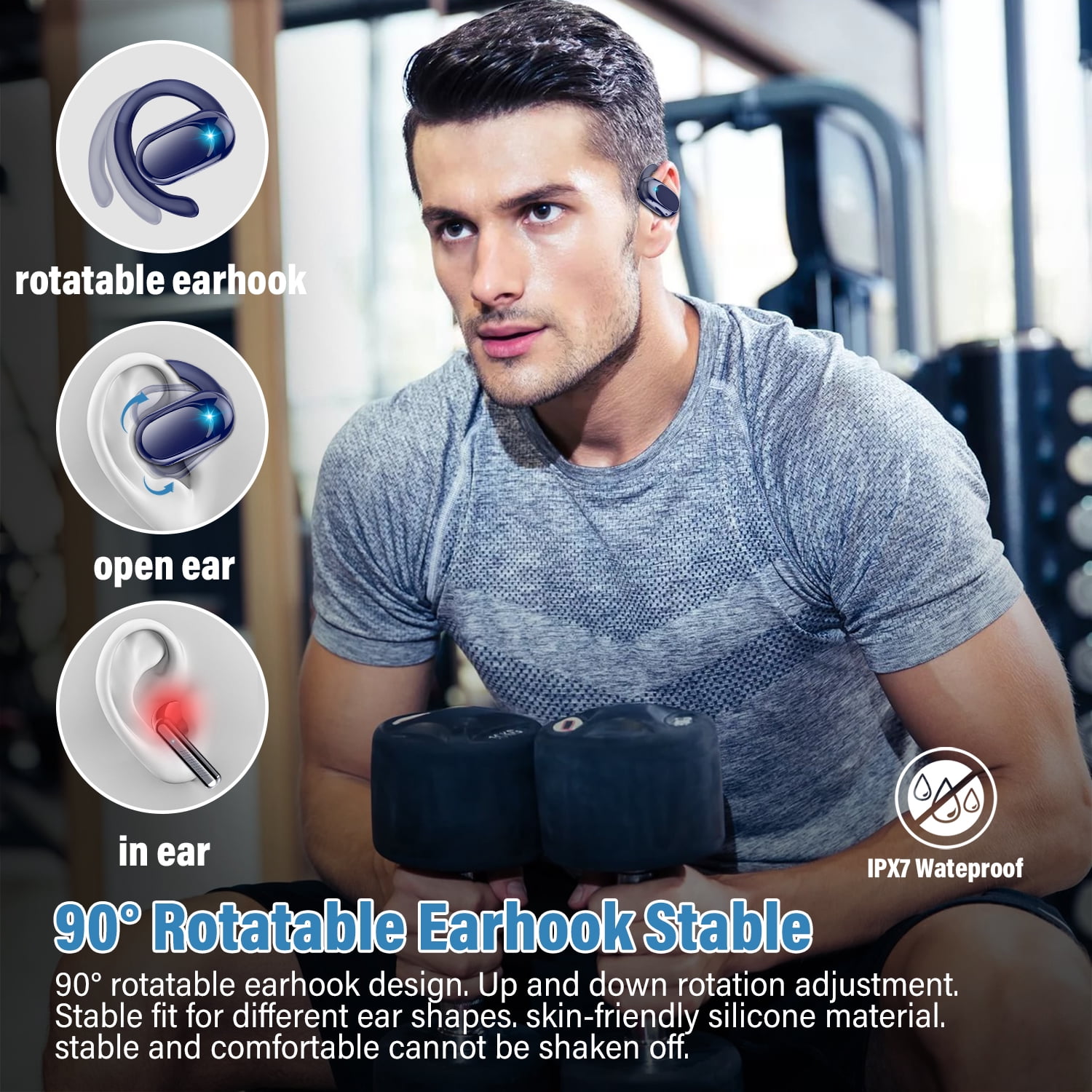 Open Ear Earbuds, Bluetooth 5.4 Headphones, HD Stereo Bass Wireless Earphones with Earhooks, 58Hrs Playtime, IP7 Waterproof for Fitness, Cycling, Sports