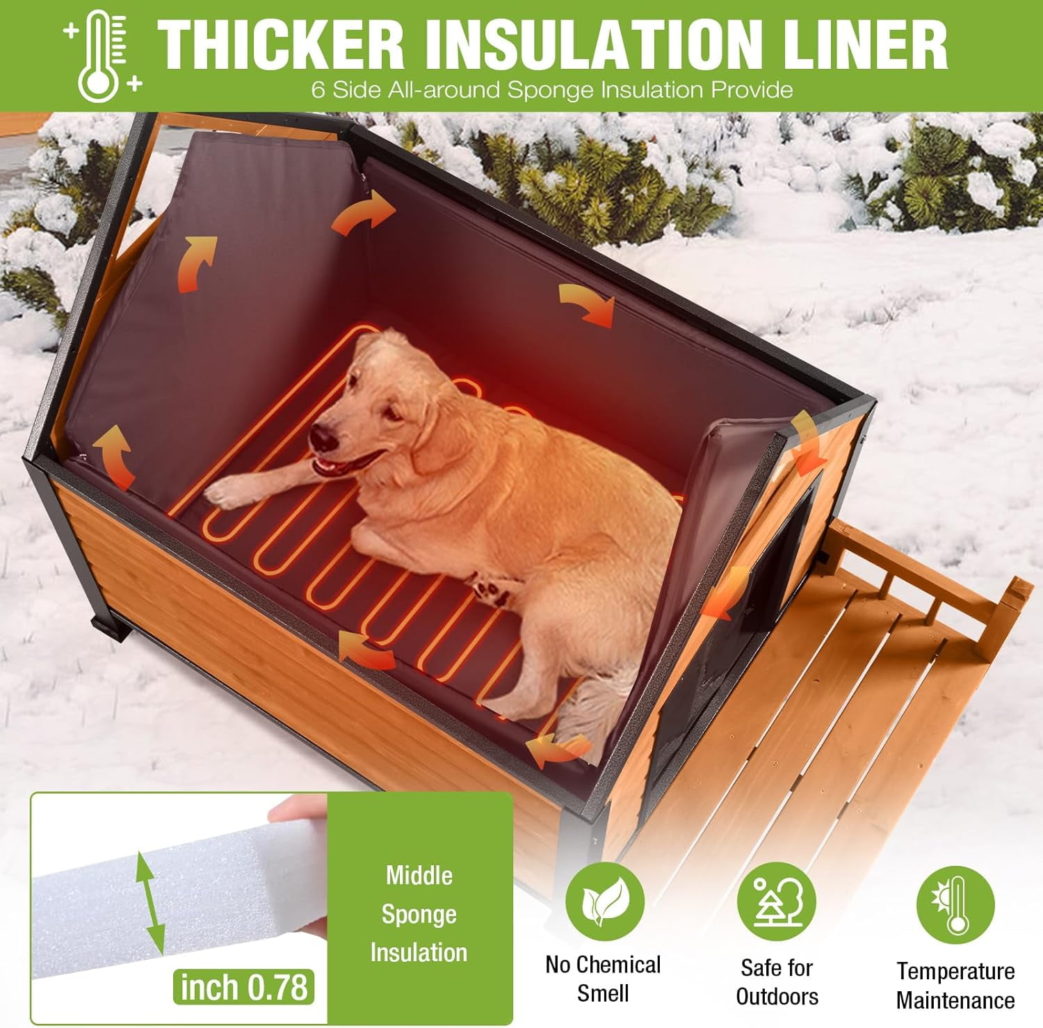Aivituvin Outdoor Heated Dog House Anti-Bite Weatherproof Dog Kennel Puppy Shelter Indoor with Heating Pad, All-Around Insulated Liner and Porch for Large Breed, 45" D x 32.9" W x 32.6" H (Brown)