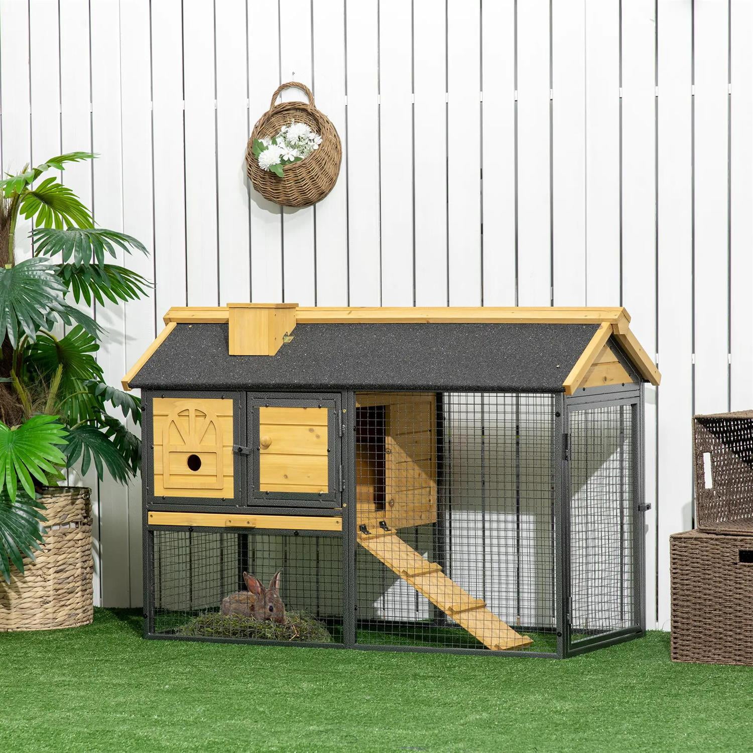 Pefilos 47" Metal Frame Wooden Rabbit Hutch with Run, Trays and Ramp, Outdoor Bunny Enclosure Guinea Pig Cage for Small Animals, Yellow