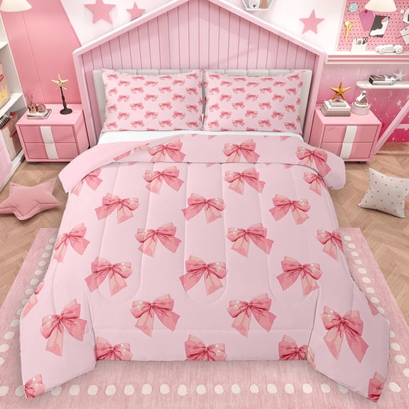 Homewish Fashion Pink Bowknot Queen Comforter Set, Fairy Tale Princess Cartoon Bedding Sets, Romantic Bow Reversible Bedding Comforter Set, Lightweight Room Decor, 3pcs