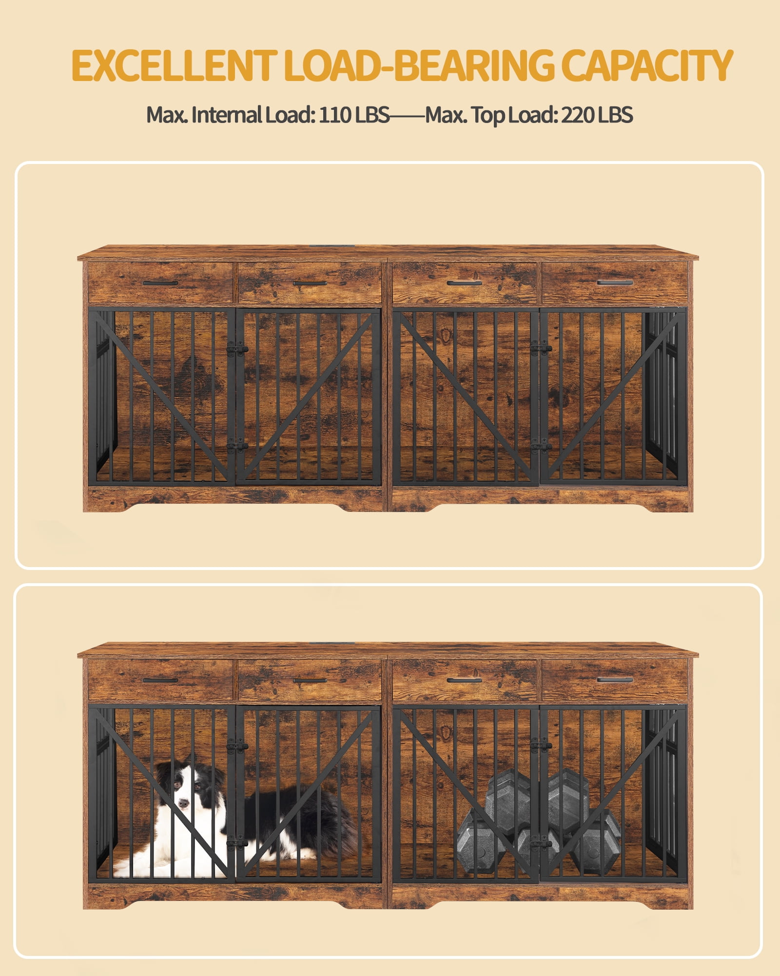 Dog Crate Furniture with 4 storage drawers, charging station, Suitable,Anti-chew,Anti-chew design.