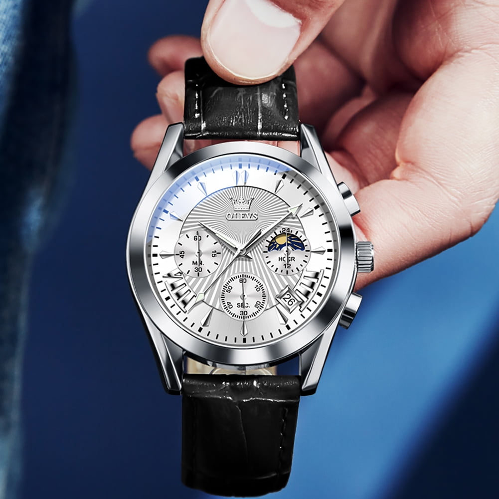 OLEVS Watches for Men Chronograph Black Leather Gold Plated Case Analog Quartz Fashion Business Dress Large Face Mens Watches Luminous Waterproof Casual Male Wrist Watch Reloj para Hombre