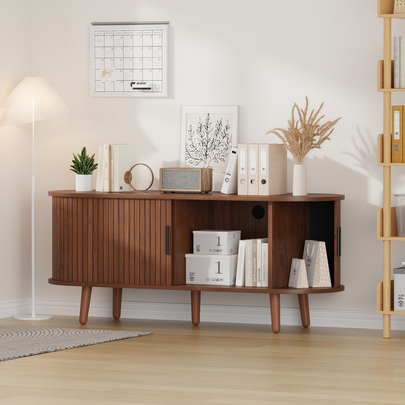 Mid-Century Modern TV Stand, Media Console with 4 Storage Compartments & Sliding Doors,Entertainment Center for TVs up to 65 Inch,Wood Adjustable Shelves for Living Room,Bedroom