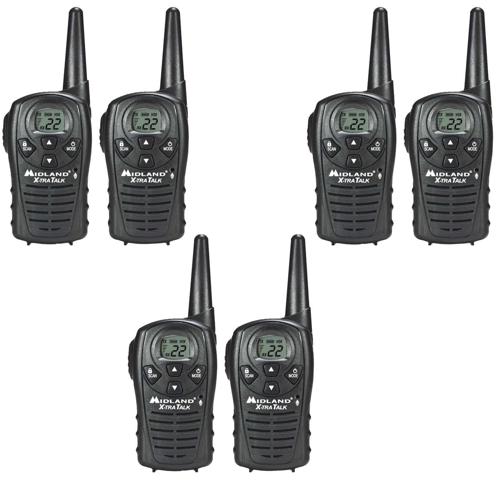 Hands Free Walkie Talkie 6 PACK Midland xTra Talk LXT118 eVox 18 Mile