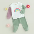 thumbnail image 2 of Gupgi 2Pcs Baby Boy Girl Fall Winter Clothes Rainbow Color Block Crewneck Sweatshirt Tops Solid Pants 0-3 Years, 2 of 9
