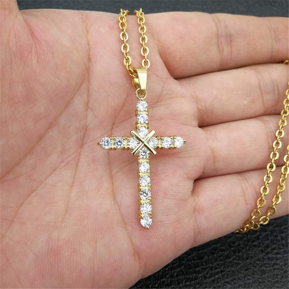 Iced Out Full Rhinestones Cross Pendants Necklaces 14K Yellow Gold Religious Crucifix Necklace For Women/Men Jewelry
