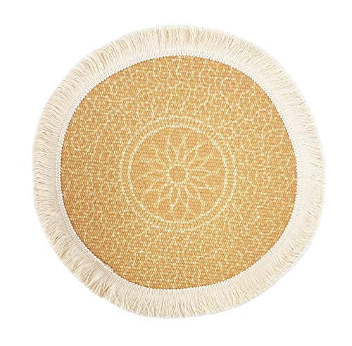 Fennco Styles Unique Dream Catcher Fringe Cotton Placemats 14-inch Round, Set of 4 - Yellow Decorative Boho Table Mats for Home Decor, Dining Table, Banquets and Special Events