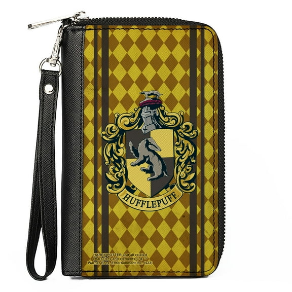The Wizarding World of Harry Potter Wallet, Zip Around, Hufflepuff Crest Stripes Diamonds Gold Browns, Vegan Leather
