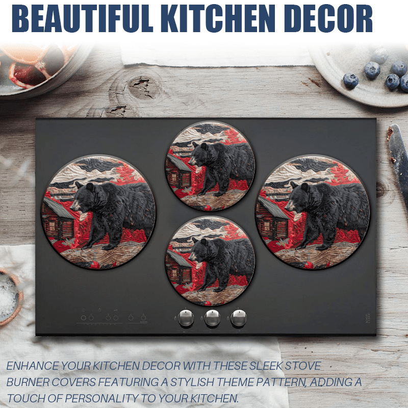 BaHomeck Electric Stove Burner Covers Set of 4,Round Metal Gas Stove Burner Covers 8 Inch and 10 Inch,Kitchen Decor,Black Bear Walking In Front Of Old Log Cabin