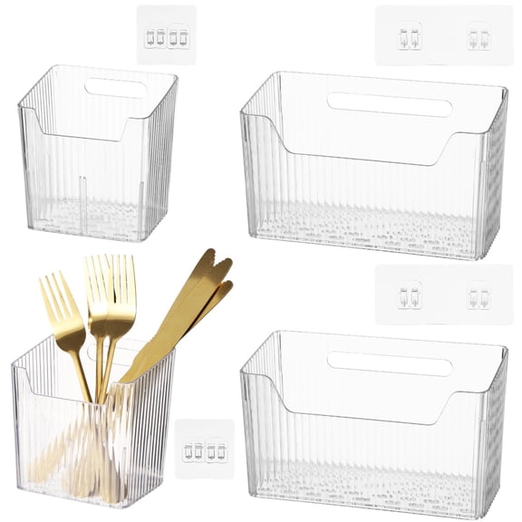 4 PCS Cabinet Door Organizer Bins, Clear Plastic Wall Mount Hanging Storage Baskets with Adhesive Hooks, Bathroom Fridge Kitchen Pantry Under Sink Drawer Organizer with Drain Holes