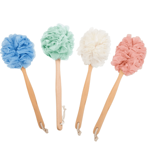 Topboutique 4 Pack Bath Puff Loofah Sponge With Long Handle Shower Loofah, Bath Body Back Brush, Back Loofah for Exfoliating for Women and Men (White, Pink, Blue, Green)