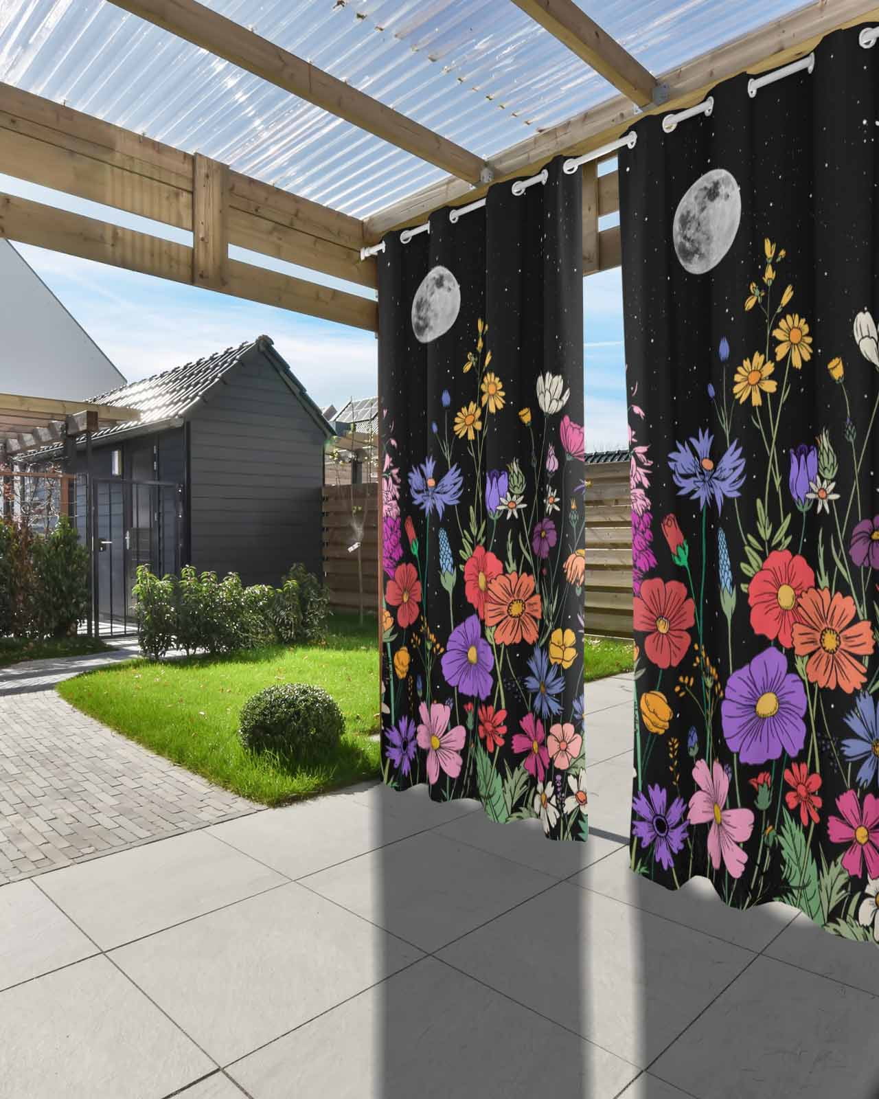 Spring Flowers Outdoor Curtains for Patio, Retro Farm Evening Country Plants Privacy Drapes Grommet Waterproof Outside Curtains for Porch/Cabana/Balcony 54"x 108", 1 Panel
