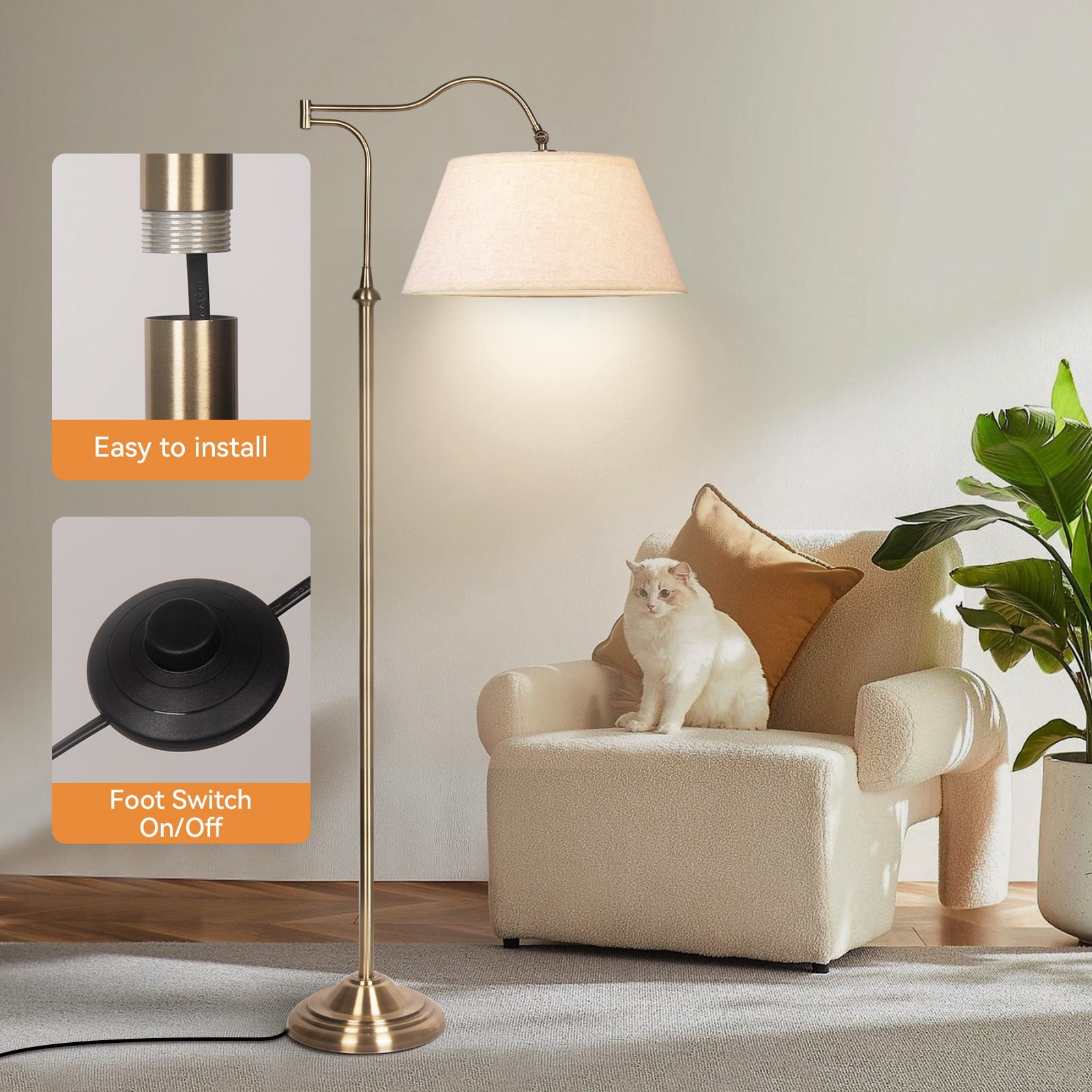 HonoDing Cantilever Floor Lamp, Standing Chandelier Floor Lamp with 180° Adjustable Swing Arm, Modern Floor Lamps with Linen Shade,Classic Lamp for Living Room Office Bedroom Reading(Bronze)