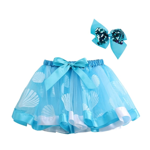 ZToonmas 3-8Y Girls' 2-Piece Mermaid Tutu Skirt Set Seashell Print Elastic Waist Skirt with Matching Bow Hair Clip for Party