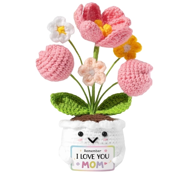 Mother's Day Gift for Mom - Crochet Flower in Pot with “I Love You Mom” Sign, Handmade Knit Home Decor, Heartwarming Gift from Daughter Son, Smiley Planter, 6 Inch
