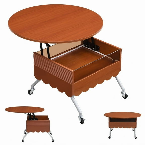 SDJPOI 27.6" Round Coffee Table with Wheels, Lift Top Coffee Table with Hidden Compartment,  Adjustable Height & LED Lighting, Round Center Table for Living Room Dining Room, Mahogany