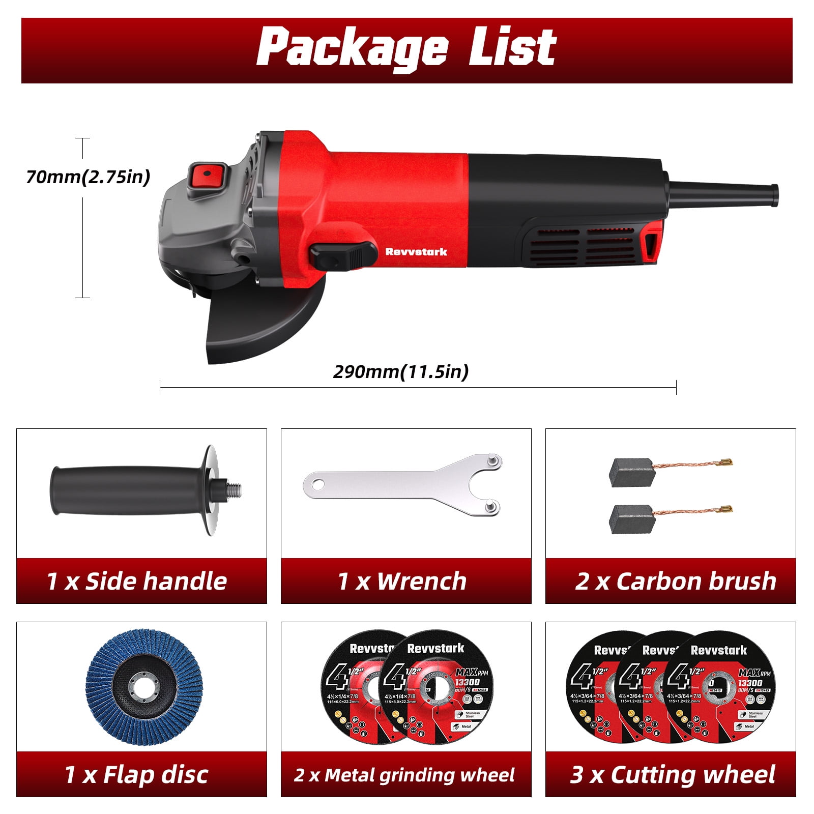 Angle Grinder, 7.5-Amp 4-1/2 inch Electric Grinder Power Tools 12000RPM with Safety Guards, 6-Piece Discs (3 Cutting/2 Metal Grinding/1 Flap Discs) for Cutting, Grinding, Polishing
