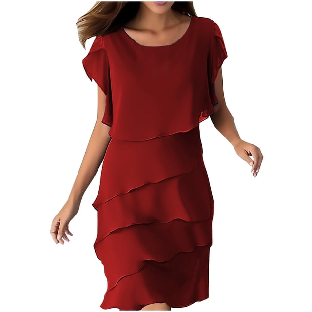 hotojiny Sundresses for Women Plus Size Layered Solid Flowy Dresses Summer Ruffle Short Sleeve Boho Beach Vaction Midi Dresses