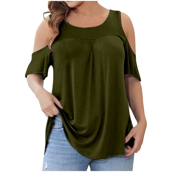 Giftesty Summer Tops for Women Women's Plus Size Top Short Sleeved Basic Casual Round Neck Off Shoulder T-shirt Loose Fitting Cotton Shirt