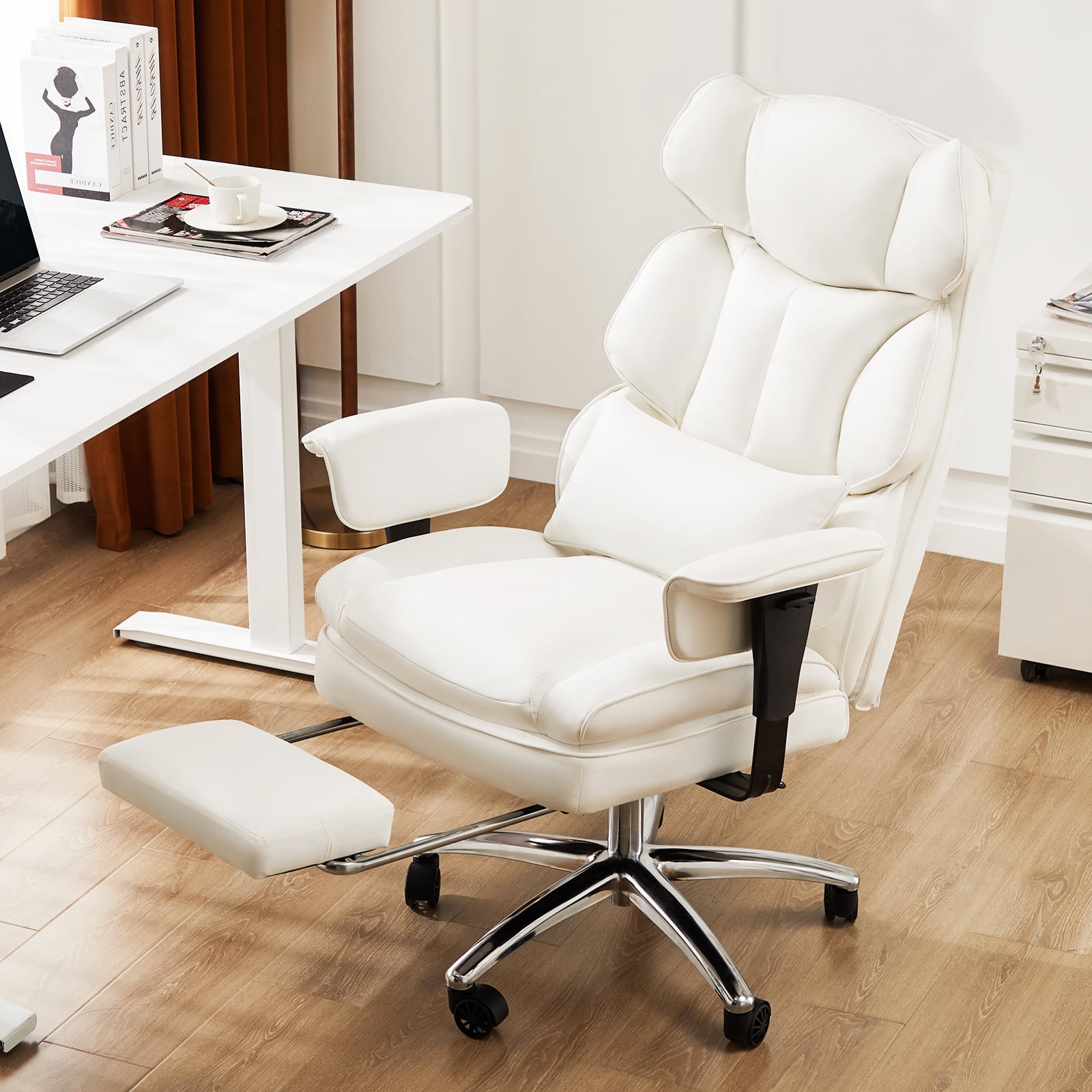 ZUNMOS Home Office High Back Reclining Desk Chair with Footrest, Big and Tall Adjustable Height PU Leather Executive Computer Task Chair with Leg Rest and Lumbar Support, Armrest, White