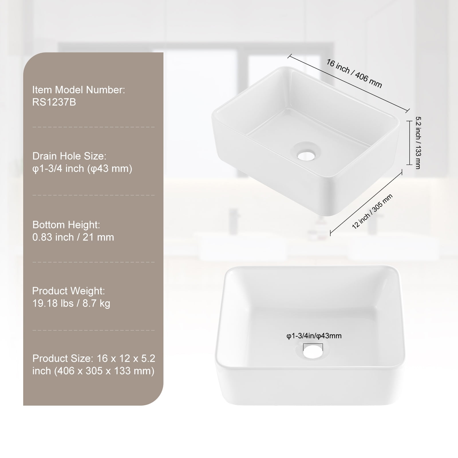 KFFKFF Rectangular Basin, 16"x12" Countertop Sink for Bathrooms, Crafted from White Ceramic, Designed for Above Counter Use