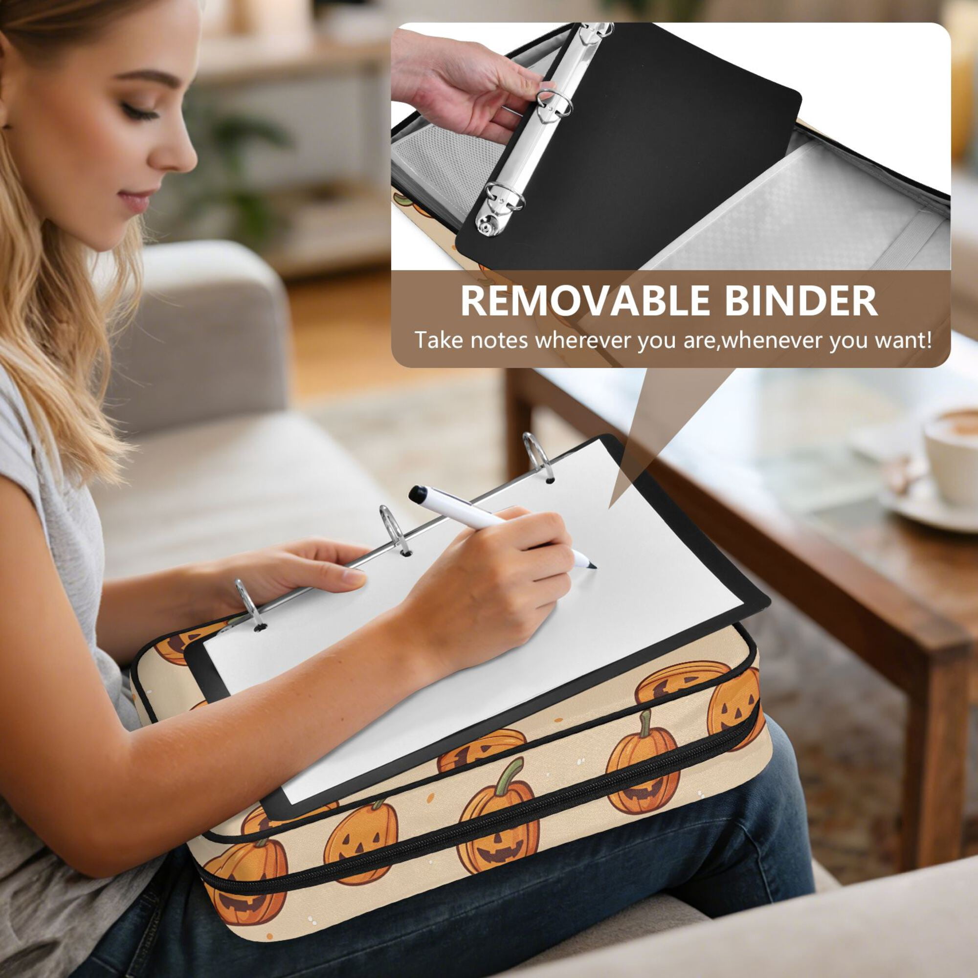 FORMRS Accordion File Folder A4 Size 7-Pocket Expanding Document Organizer Bag with 3 Ring Binder, Halloween Pumpkins Pattern