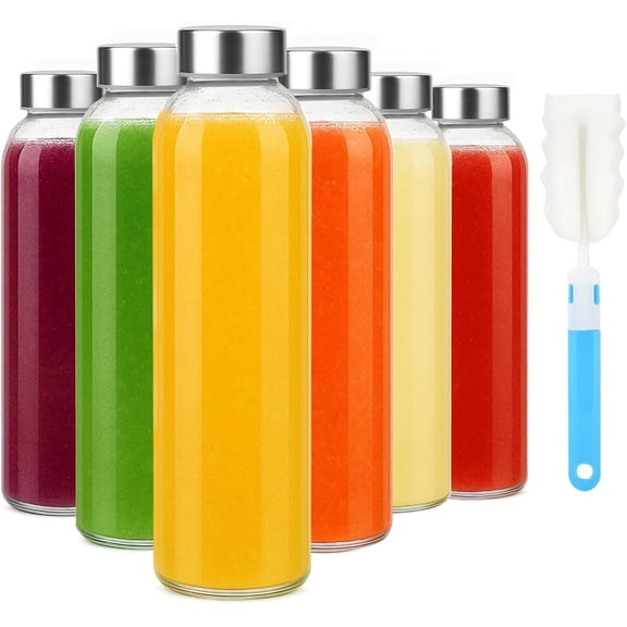18oz Glass Water Bottle Set of 6, Clear glass juice bottle for juicing, Reusable Drinking Bottles with Stainless Steel Lid, Beverage Storage Containers for Refrigerator-BPA Free, Leak Proof