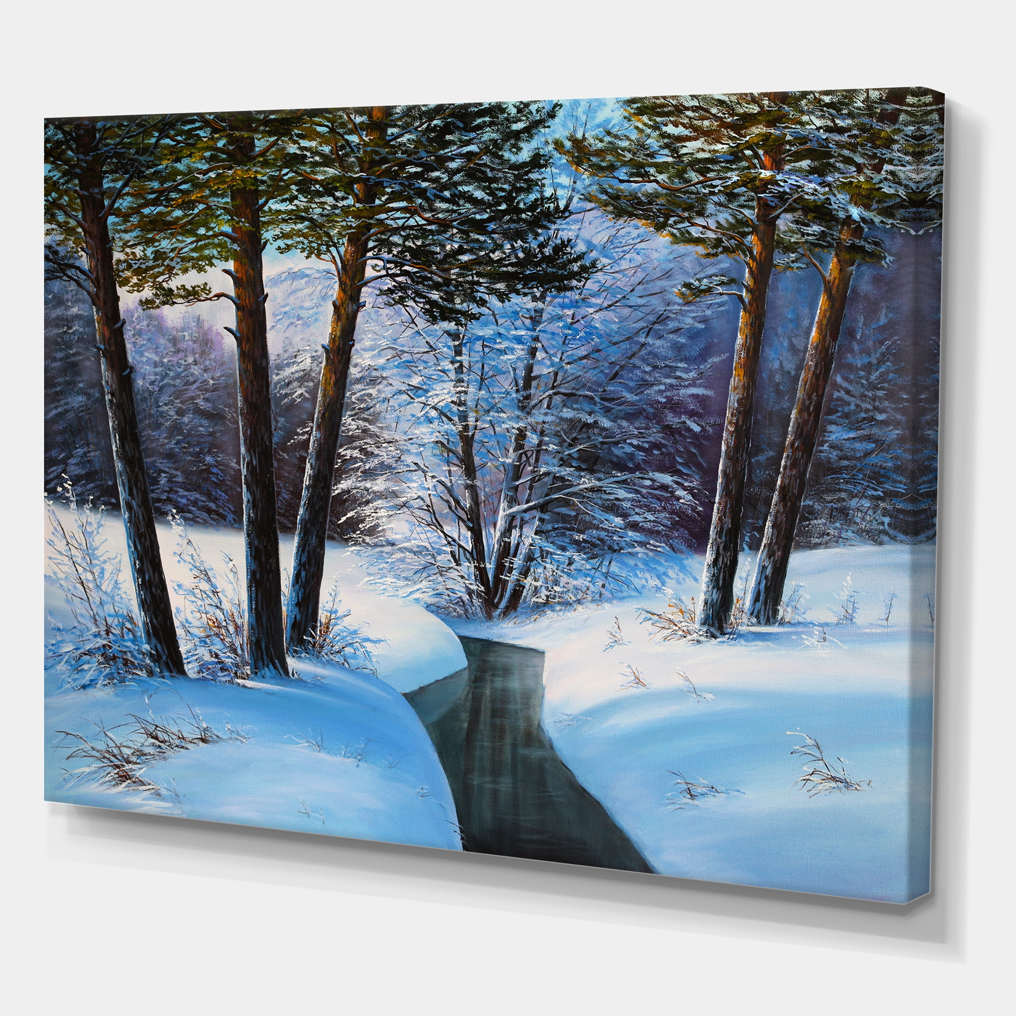 Designart ' Christmas Forest With Trees and River III ' Traditional Canvas Wall Art Print
