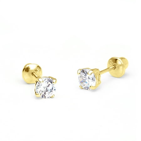 14k Yellow Gold 4mm Basket Round Solitaire Cubic Zirconia Children Screw Back Baby Girls Earrings
