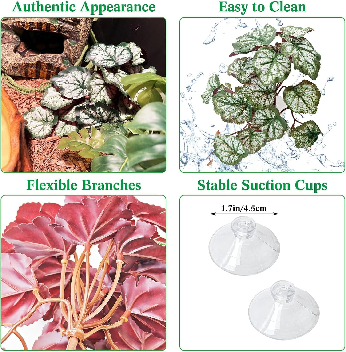 Reptile Plants with Suction Cup Artificial Leaves for Terrarium Decor Tank Accessories for Bearded Dragon, Lizard, Snake (Red Saxifrage)