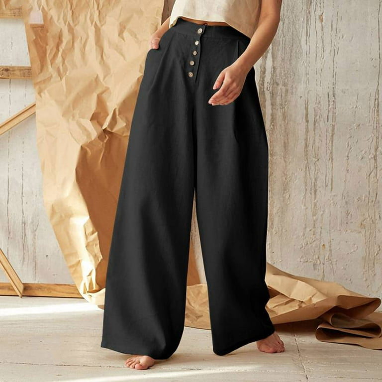 Ladies Solid Color Casual Pocket Loose Cotton Linen Patchwork Wide Leg Pants  Ladies Trousers 