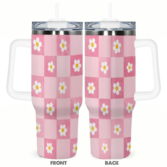 40oz Pink Checkerboard Daisy Tumbler with Handle Stainless Steel Insulated Travel Coffee Cup Gift