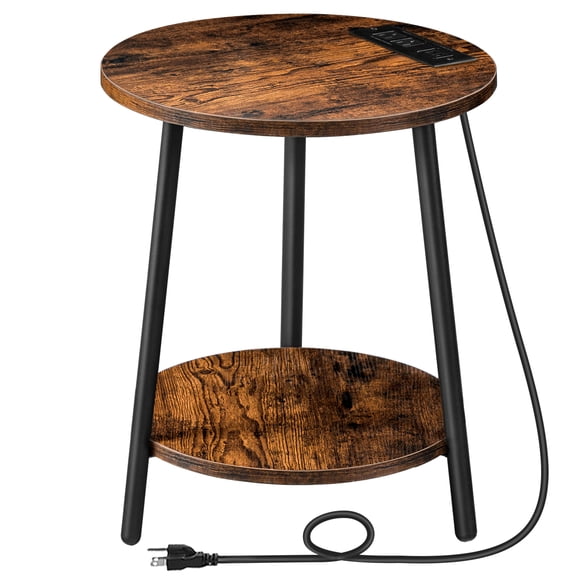 Round End Table with Charging Station, 2-Tier Small Circle Side Table, Round Accent Table for Living Room, Bedroom, Rustic Brown BF671BZ01