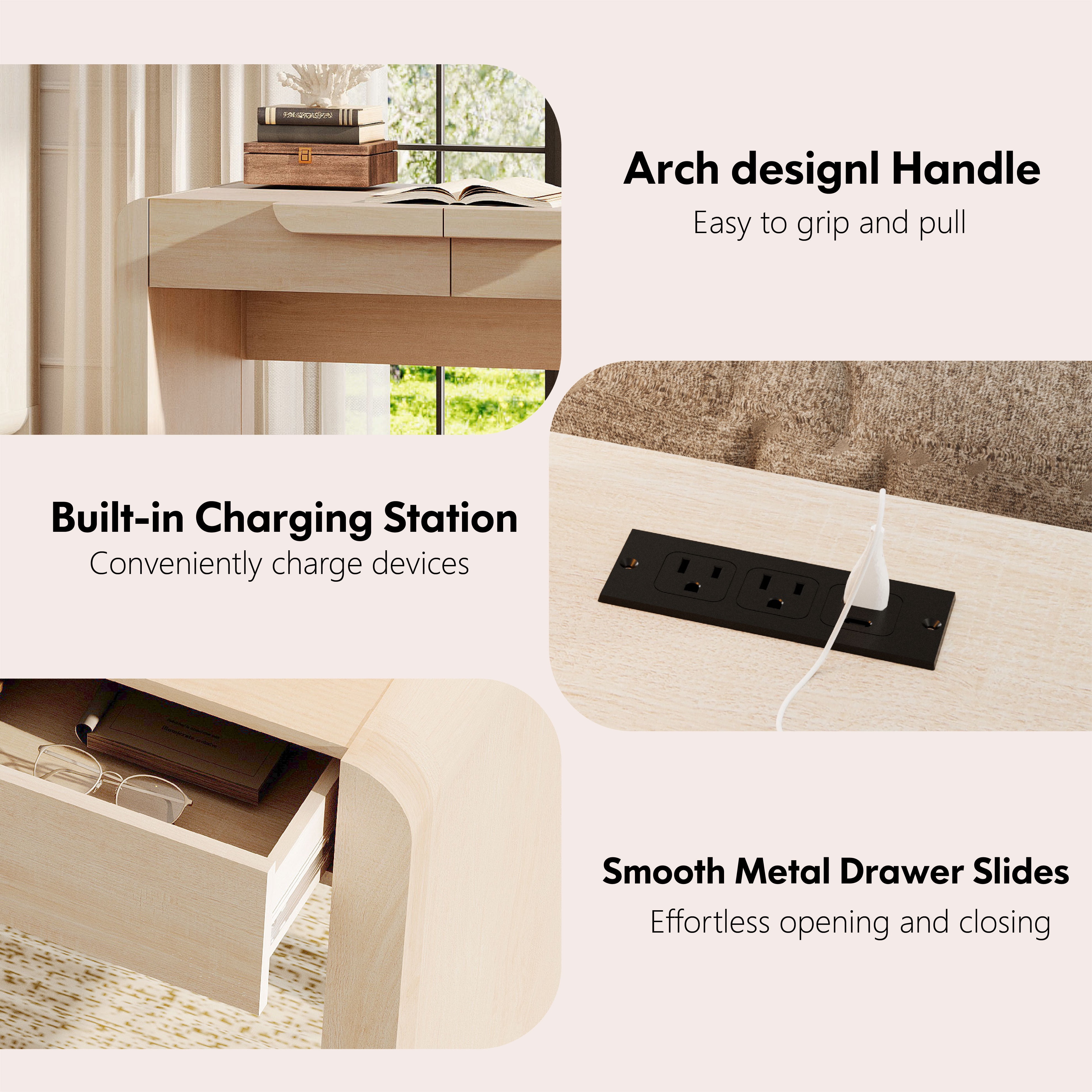 47.2”W Mid-century Modern Curved Waterfall Writing Desk With 2 Drawers，Wood Computer Desk With Charging Station, Standing Desk For Home Office