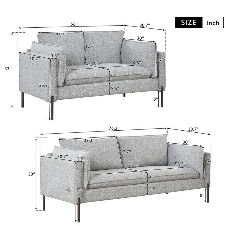 2 Piece Sectional Sofa Set with 3-Seater Sofa, Loveseat & 4 Pillows - Grey