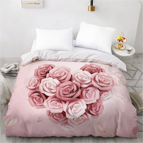 Floral King Duvet Cover 3D Pink Rose Print Bedding Set for Wedding Valentine's Day Flowers 2/3pcs Polyester Quilt Cover